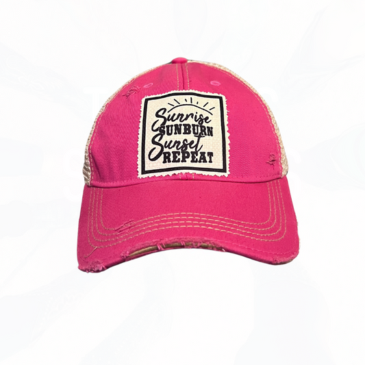 Sunrise Sunburn Sunset Repeat Trucker Hat- Pink