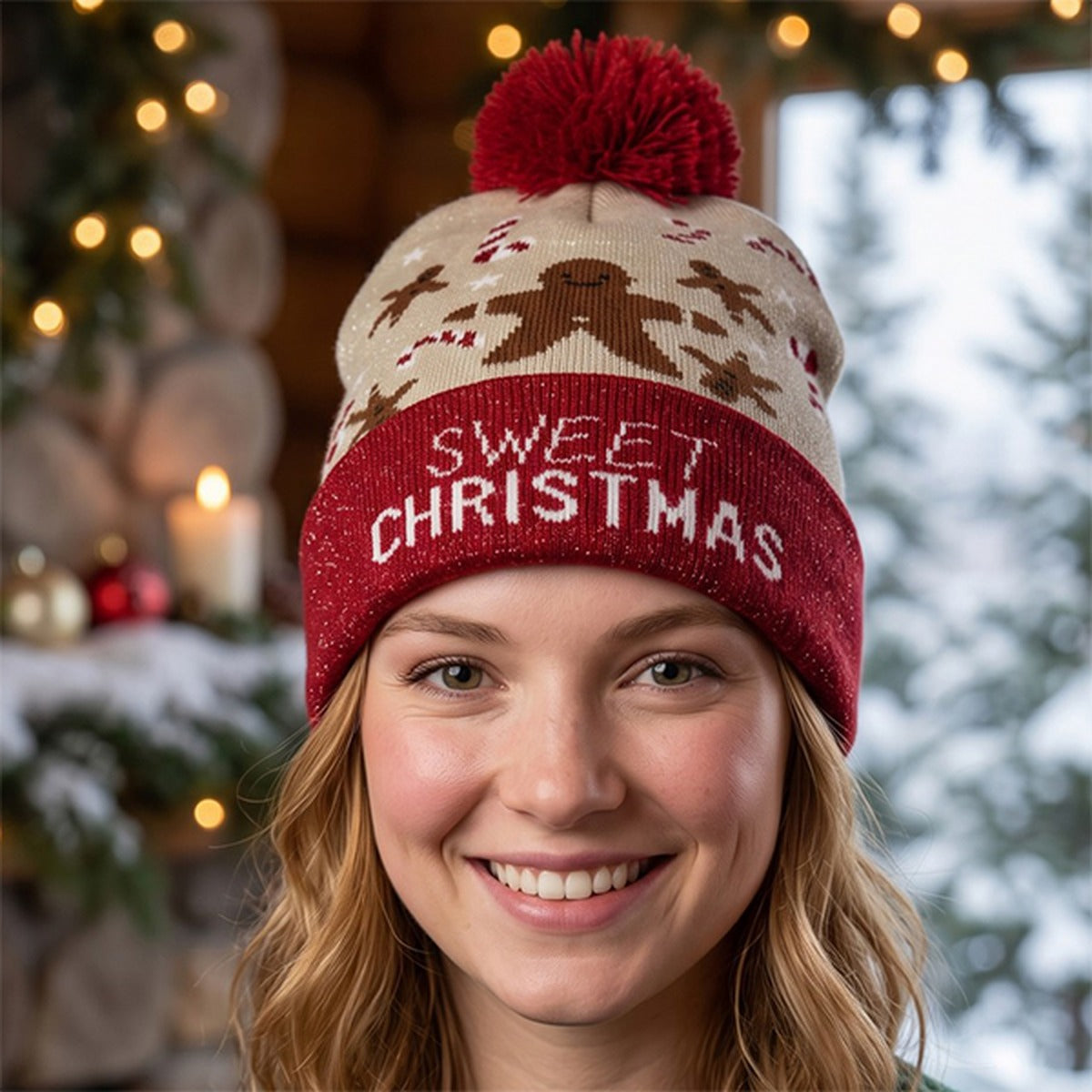 Sweet Christmas Pom Pom Knit Beanie - Burgundy