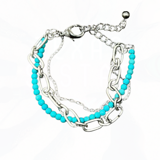 Turquoise  Beads & Silver Chains Bracelet Adjustable