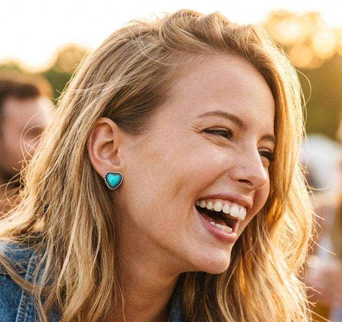 Silver Western 9mm Heart Gemstone Stud Earrings Turquoise
