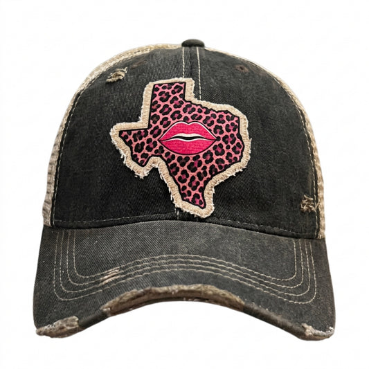 Texas Leopard Lips Distressed Trucker Hat - Black