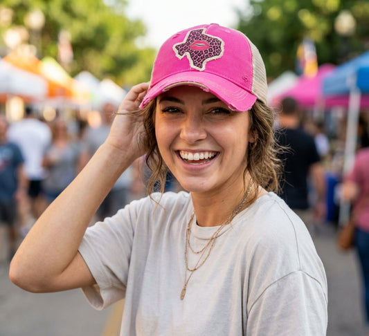 Woman wearing the Hot Pink Texas Leopard Lips Distressed Trucker Hat at an outdoor street fair