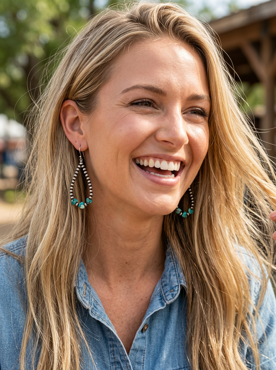 Western Heart Turquoise Stone Bead Drop Earrings
