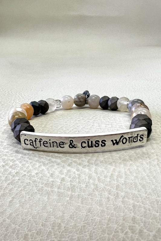 Caffeine & Cuss Words Silver Natural Beads Stretch Bracelet