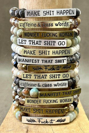 Caffeine & Cuss Words Silver Natural Beads Stretch Bracelet