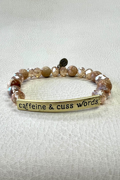 Caffeine & Cuss Words Gold Natural Beads Stretch Bracelet