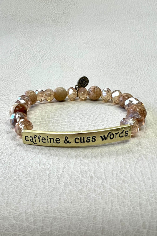 Caffeine & Cuss Words Gold Natural Beads Stretch Bracelet
