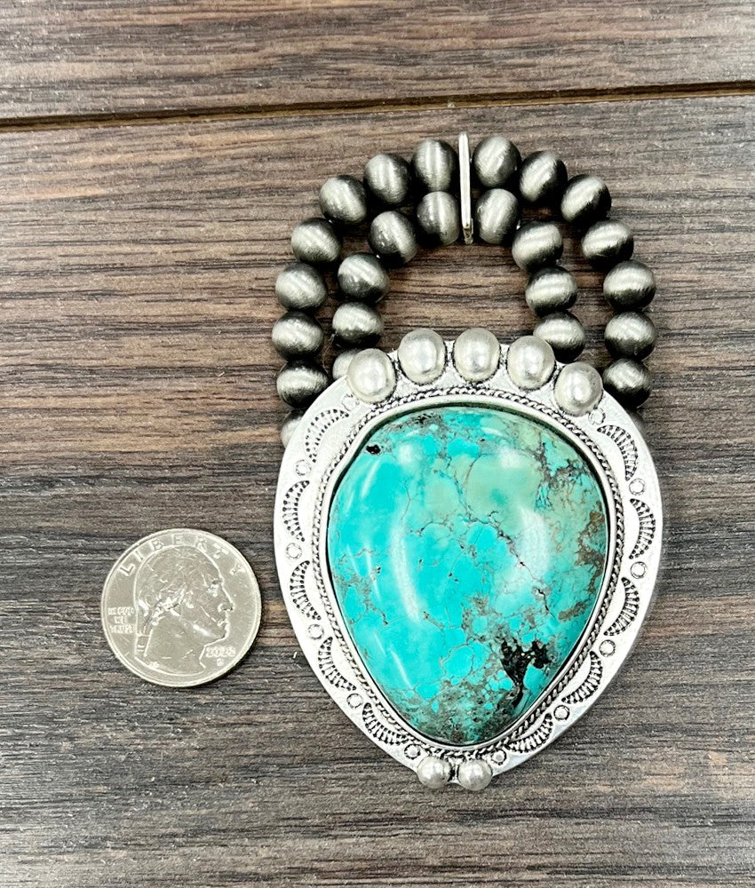Beautiful 2.7" Turquoise & Silver Stone Stretch Bracelet