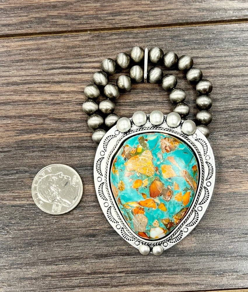 Western Beautiful 2.7" Natural Stone & Silver Stone Stretch Bracelet