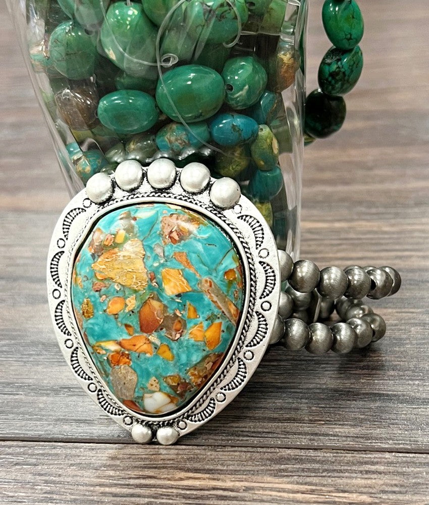Western Beautiful 2.7" Natural Stone & Silver Stone Stretch Bracelet