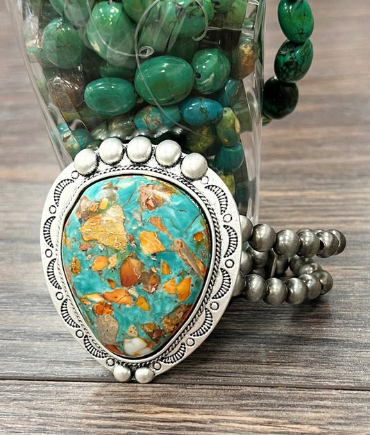 Western Beautiful 2.7" Natural Stone & Silver Stone Stretch Bracelet