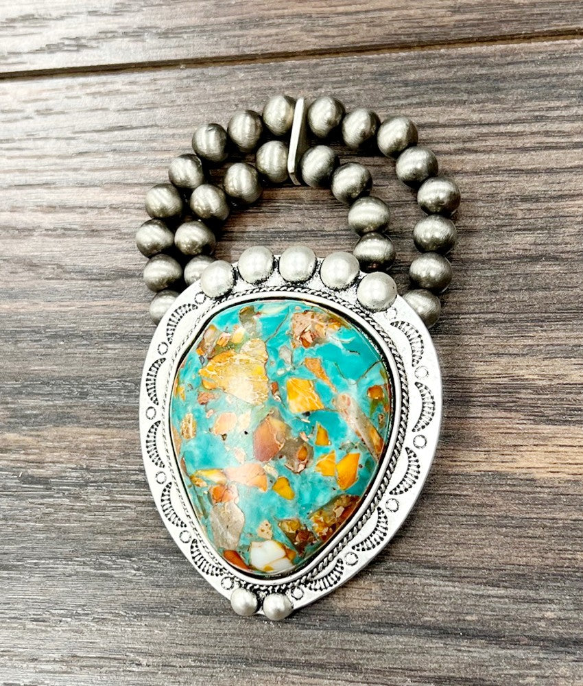 Western Beautiful 2.7" Natural Stone & Silver Stone Stretch Bracelet