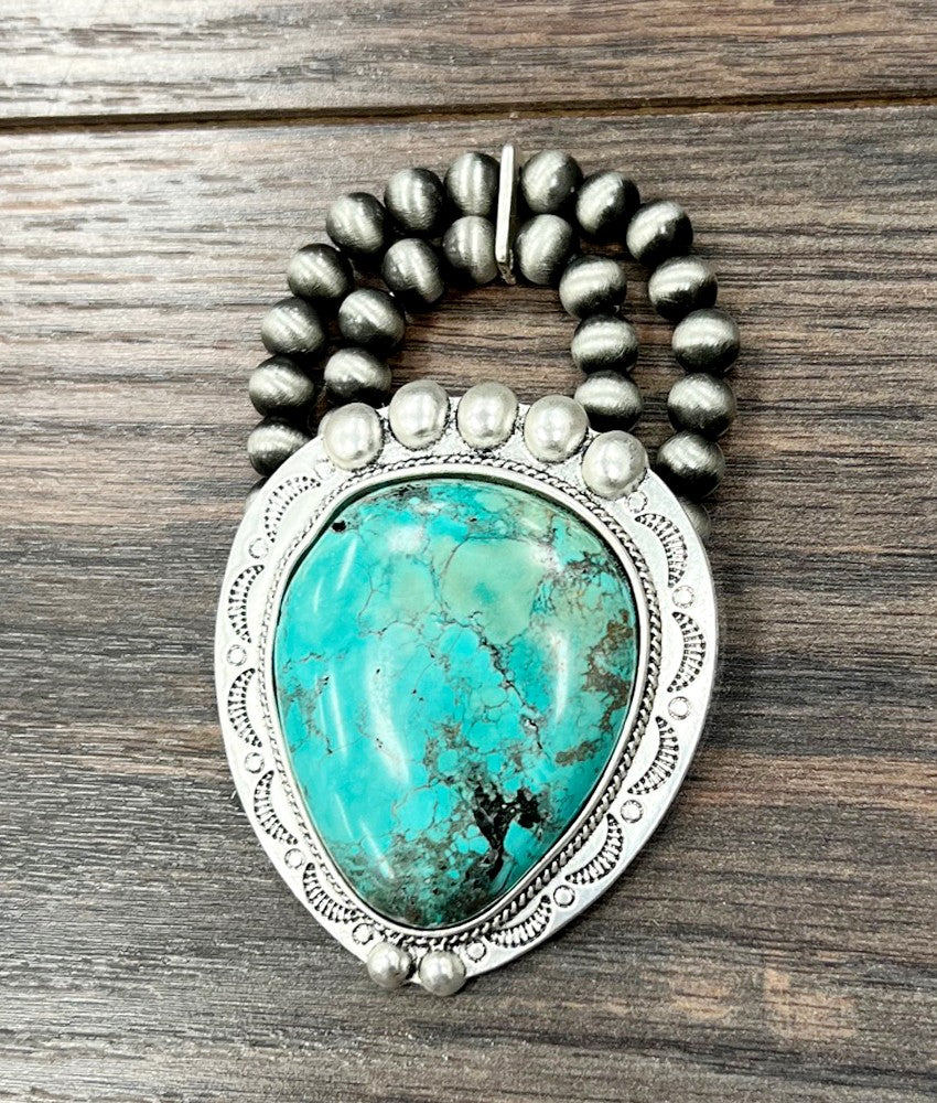 Beautiful 2.7" Turquoise & Silver Stone Stretch Bracelet