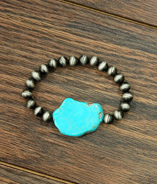 Western Turquoise Slab Stone & Bead Stretch Bracelet