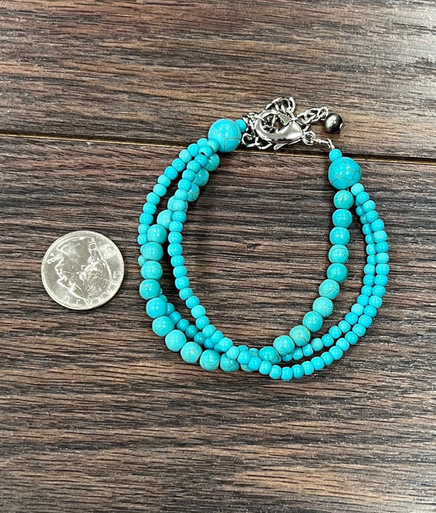Triple Strand Western Style Bead Bracelet Turquoise Adjustable