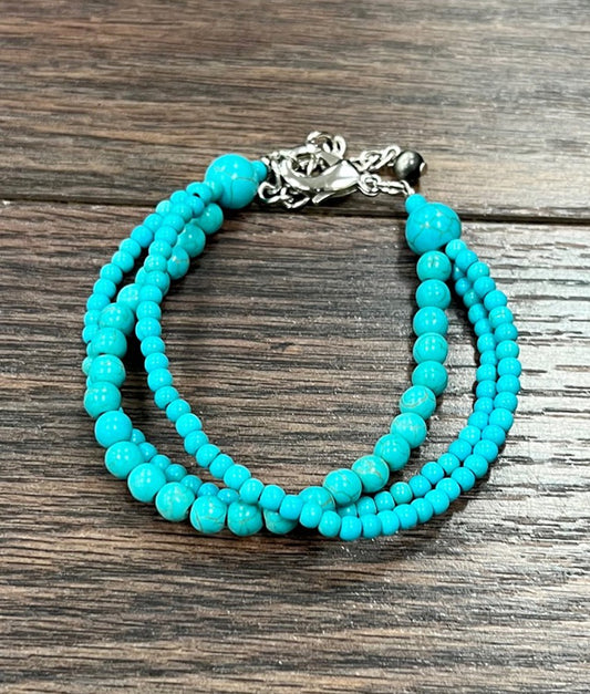 Triple Strand Western Style Bead Bracelet Turquoise Adjustable