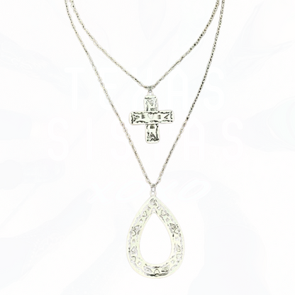 Silver Aztec Cross Teardrop Double Chain Necklace