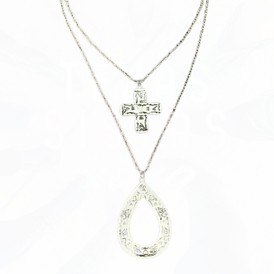 Silver Aztec Cross Teardrop Double Chain Necklace