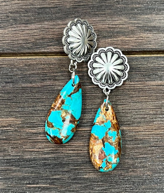 Natural Gemstone Silver Concho Drop Earings