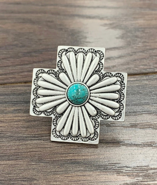 Concho Turquoise Stone Cross Cuff Ring