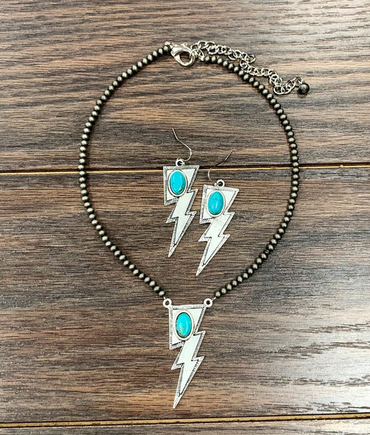 Navajo Lightning Bolt Silver Turquoise Necklace & Earring Set
