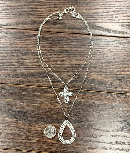 Silver Aztec Cross Teardrop Double Chain Necklace