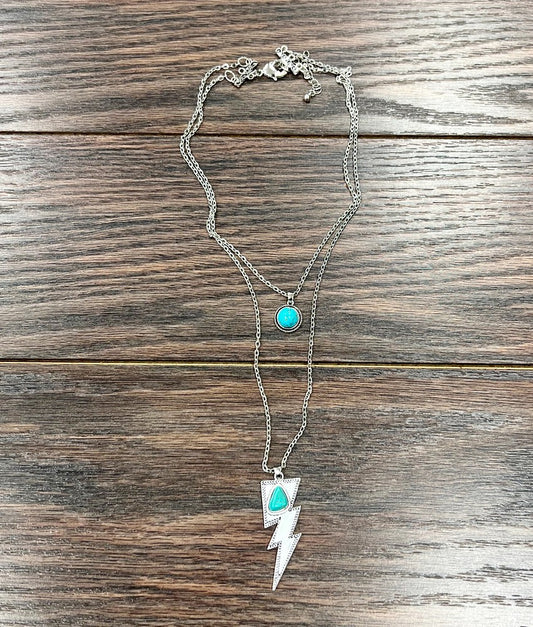 Double Lightning Bolt Tuquoise Silver Necklace