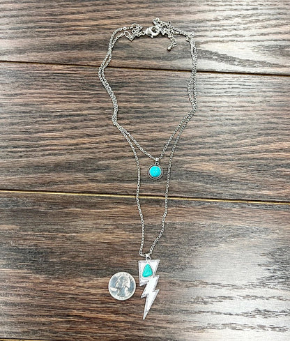 Double Lightning Bolt Tuquoise Silver Necklace