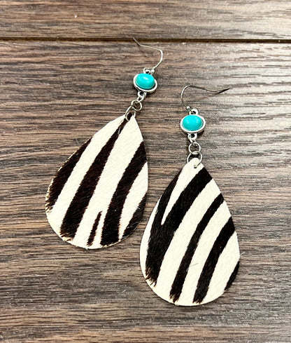 Natural Turquoise Stone Hair on Hyde Leather Drop Earrings