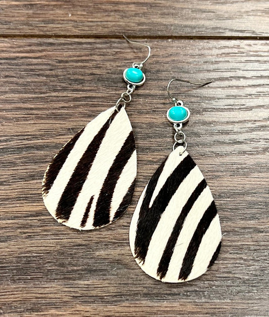 Natural Turquoise Stone Hair on Hyde Leather Drop Earrings