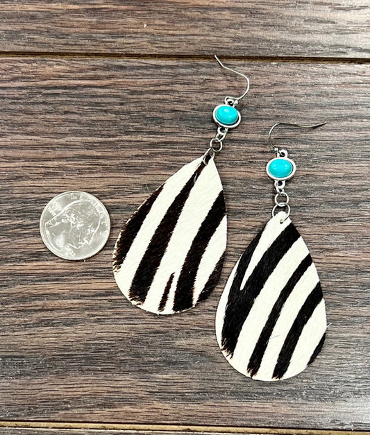 Natural Turquoise Stone Hair on Hyde Leather Drop Earrings