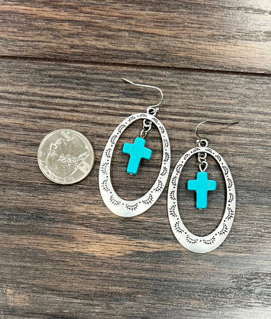 Silver Cross Concho Drop Earrings Turquoise