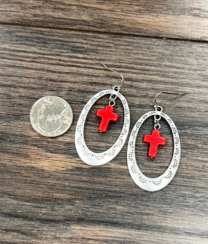 Silver Cross Concho Drop Earrings Red