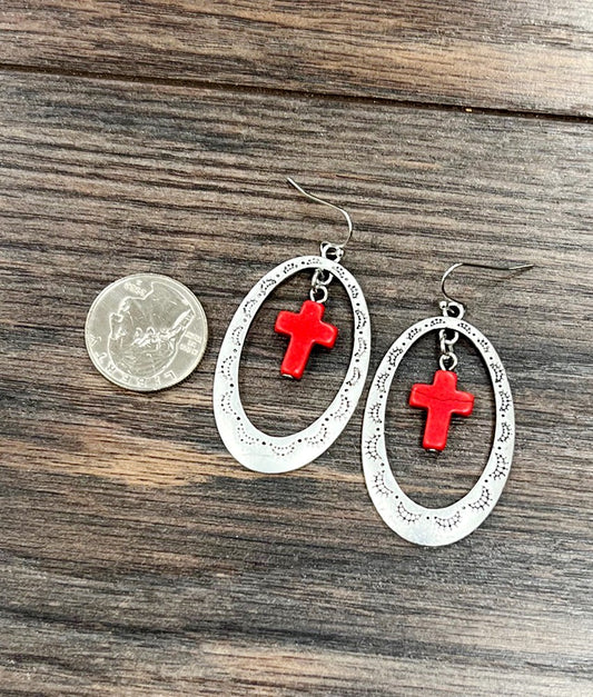 Silver Cross Concho Drop Earrings Red