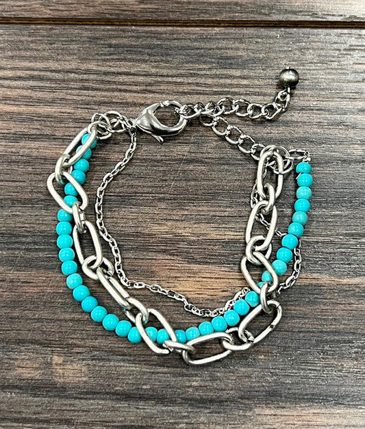 Turquoise  Beads & Silver Chains Bracelet Adjustable