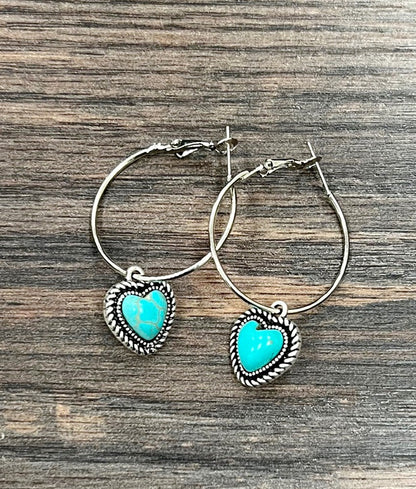 Heart Drop Turquoise Hoop Earrings