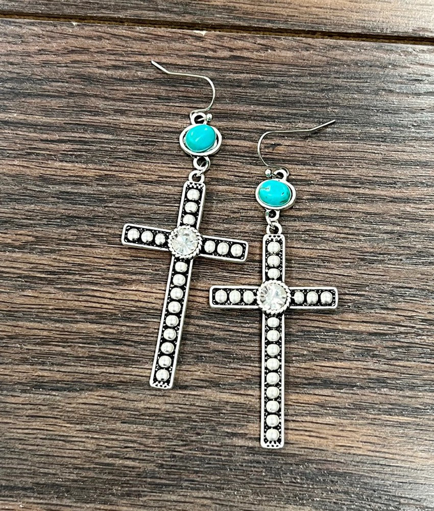 Cross Bling Turquoise Design Drop Earrings