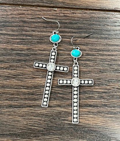 Cross Bling Turquoise Design Drop Earrings