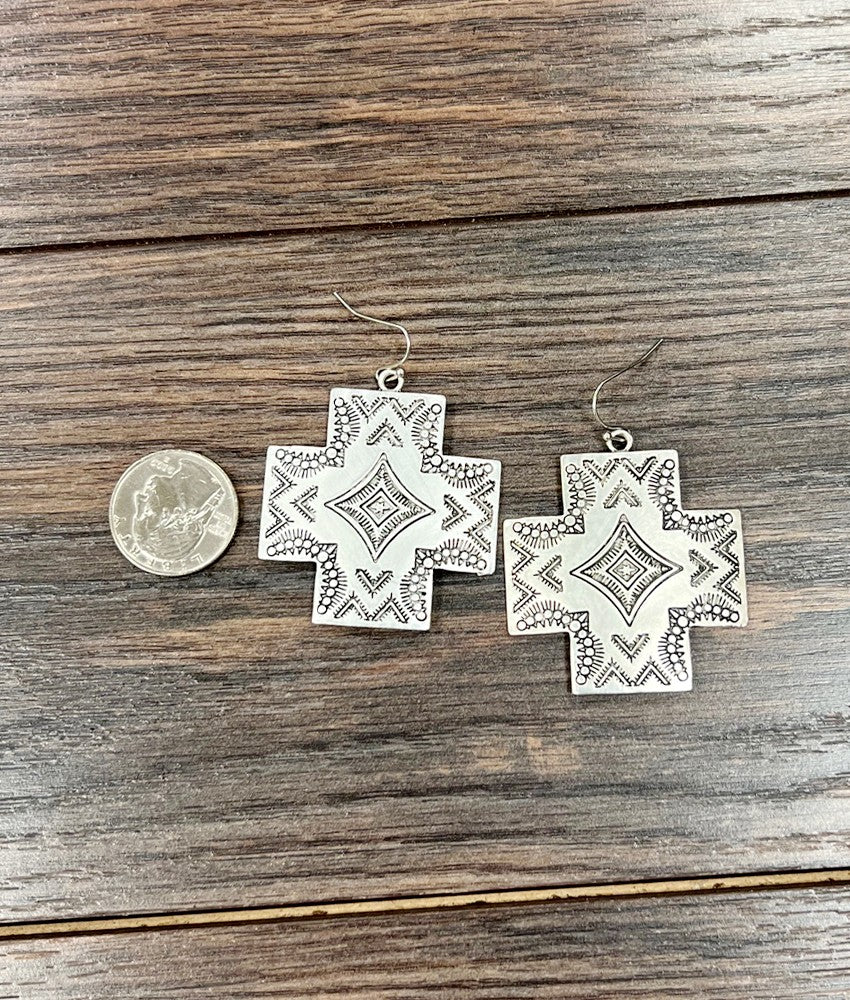 Aztec Cross Silver Hook Earrings