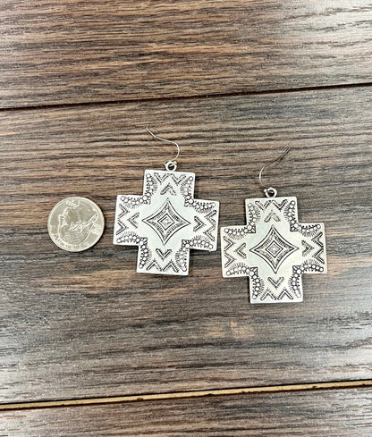 Aztec Cross Silver Hook Earrings