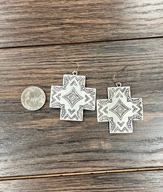 Aztec Cross Silver Hook Earrings