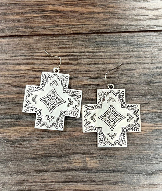 Aztec Cross Silver Hook Earrings