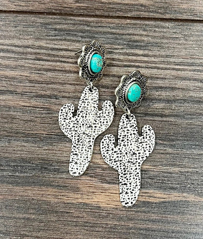 Hammered Cactus Silver Turquoise Earrings