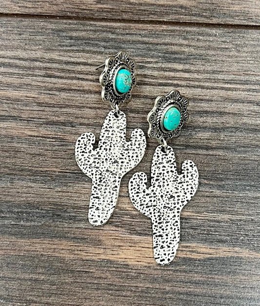 Hammered Cactus Silver Turquoise Earrings