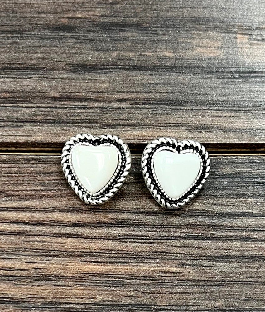Silver Western 9mm Heart Gemstone Stud Earrings White