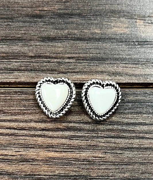 Silver Western 9mm Heart Gemstone Stud Earrings White