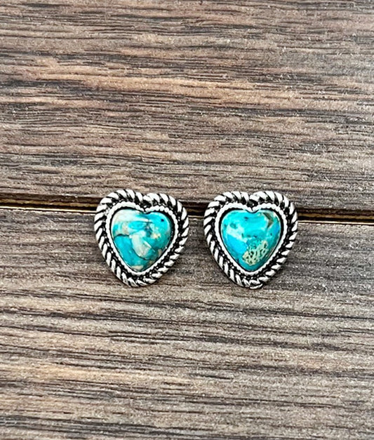Silver Western 9mm Heart Gemstone Stud Earrings Turquoise Style
