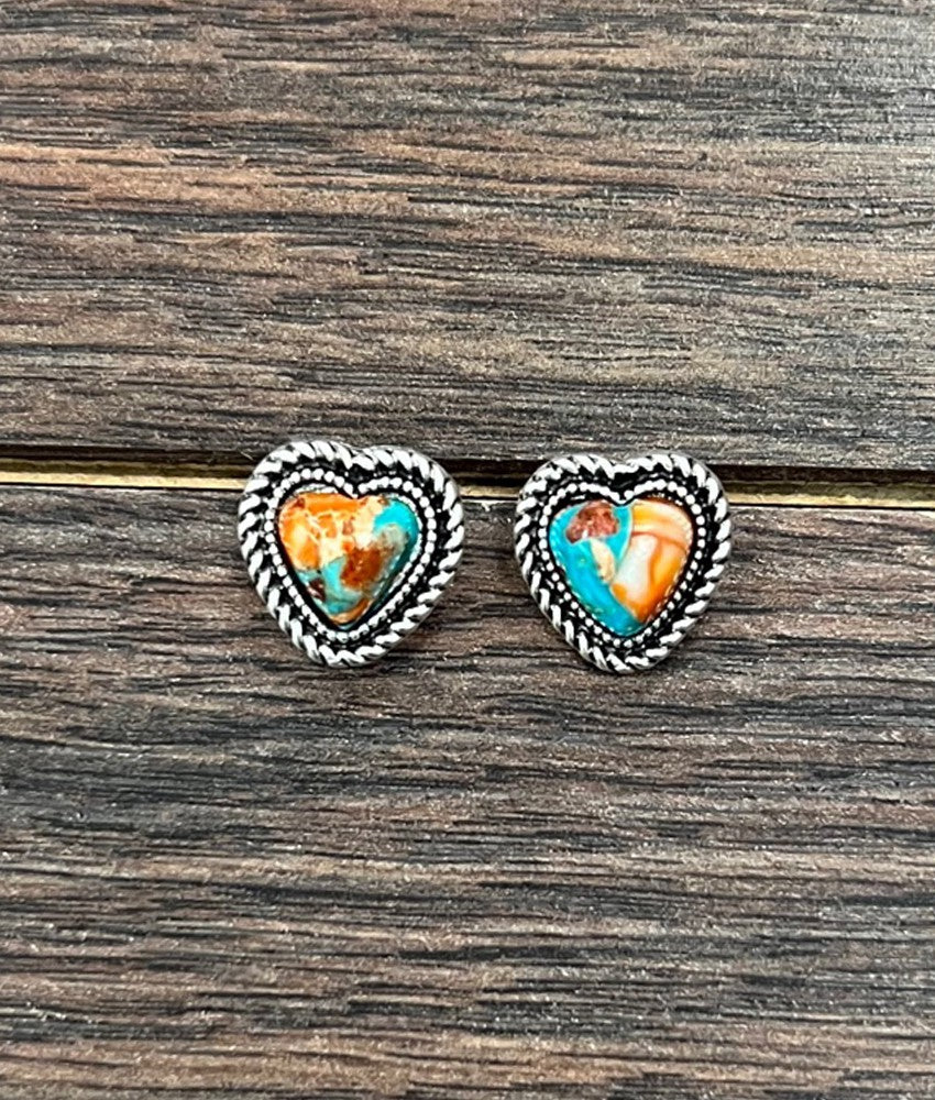 Silver Western 9mm Heart Gemstone Stud Earrings