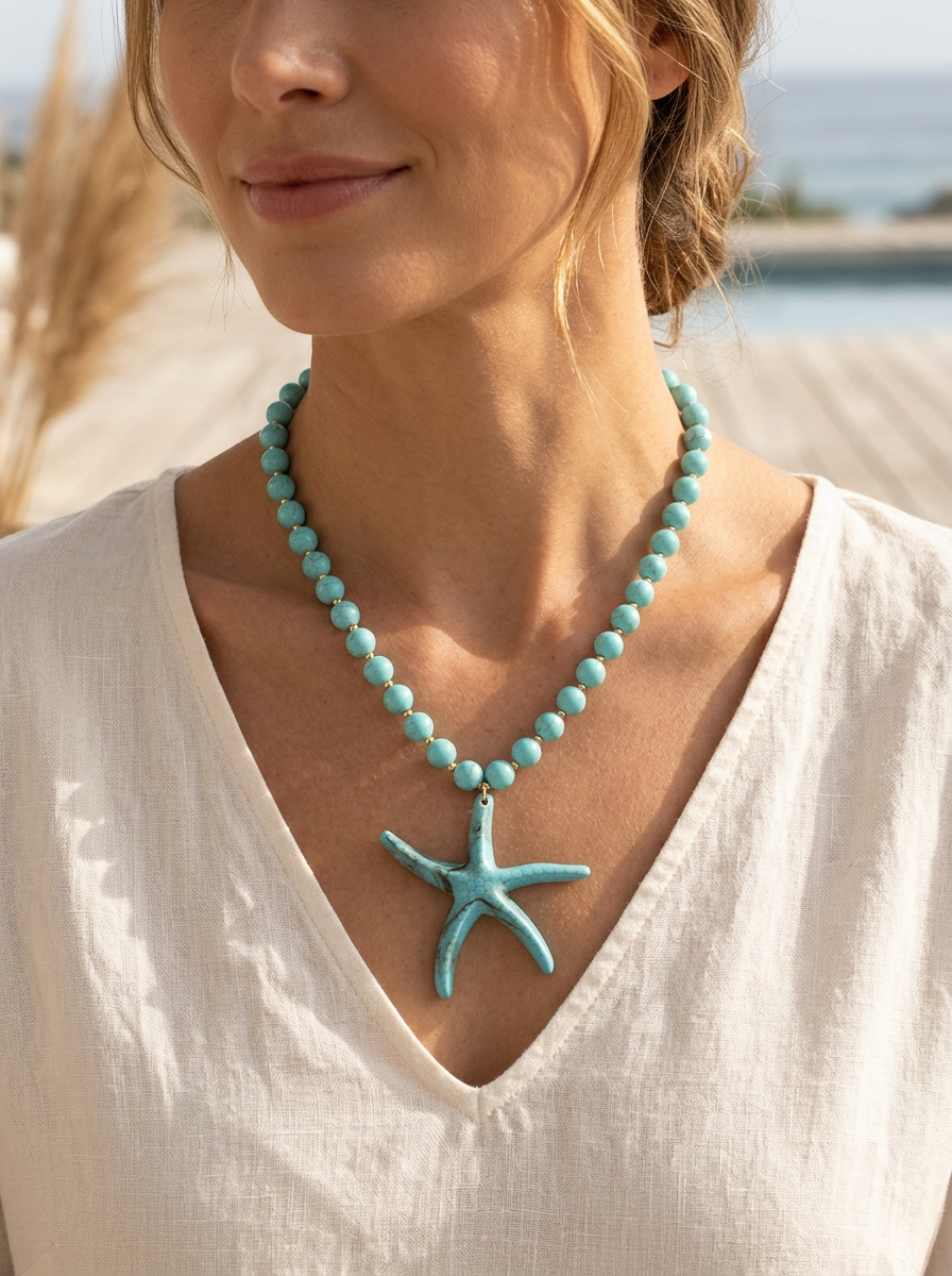 Marble Bead Sea Life Starfish Gold Necklace - Turquoise or Ivory