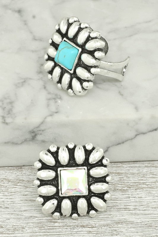 Western Floral Square Cuff Rings - Turquoise or AB